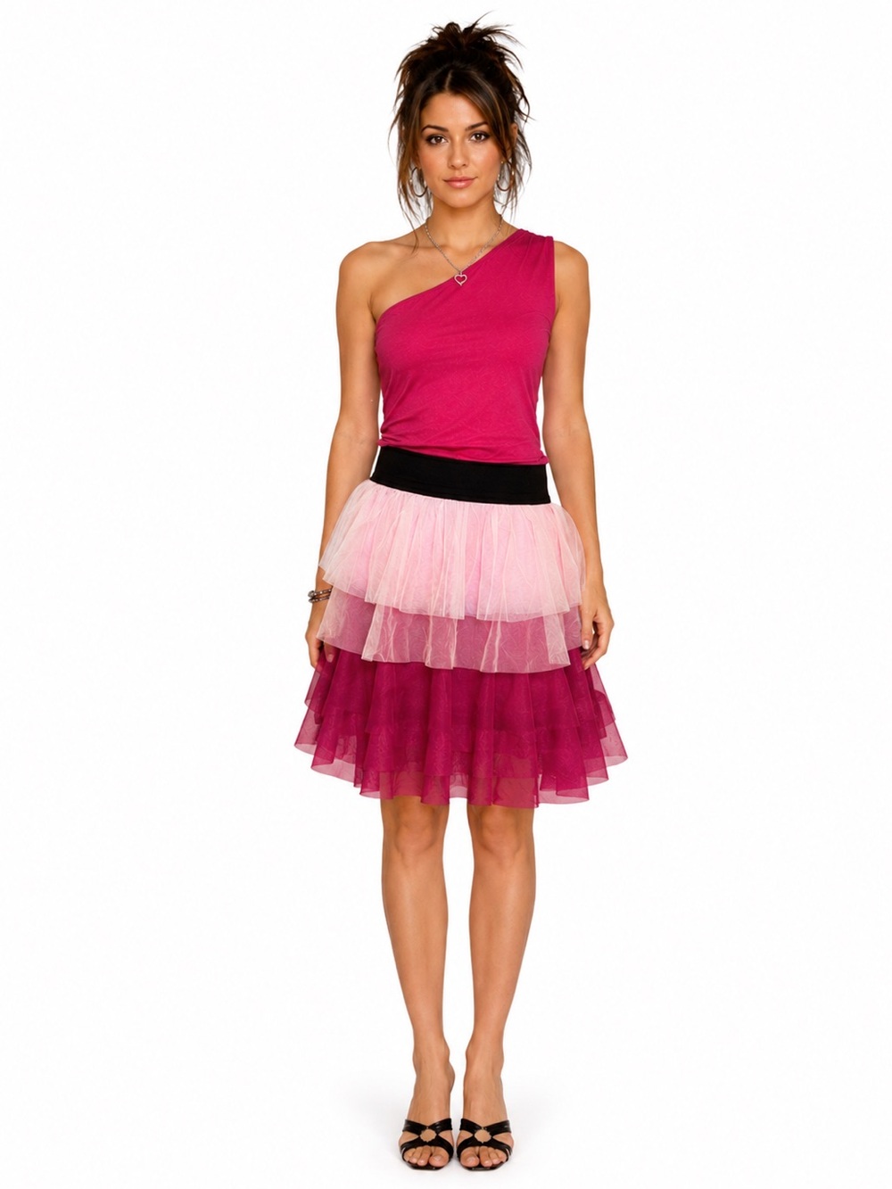 Say What? Y2K Hot Pink One Shoulder Tiered Tulle Mini Dress Barbiecore Party L